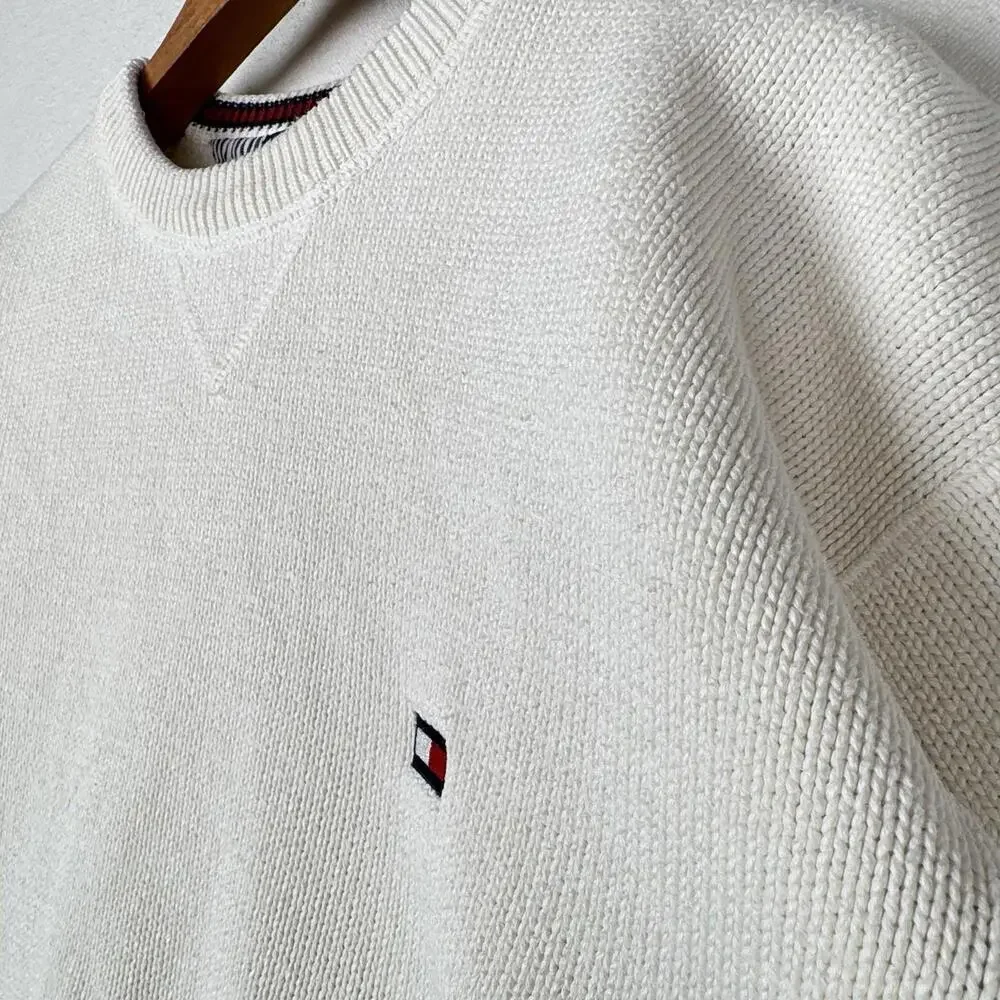 Vintage Tommy Hilfiger Men's Knit Cotton Crewneck Sweater Large White - Picture 3 of 9